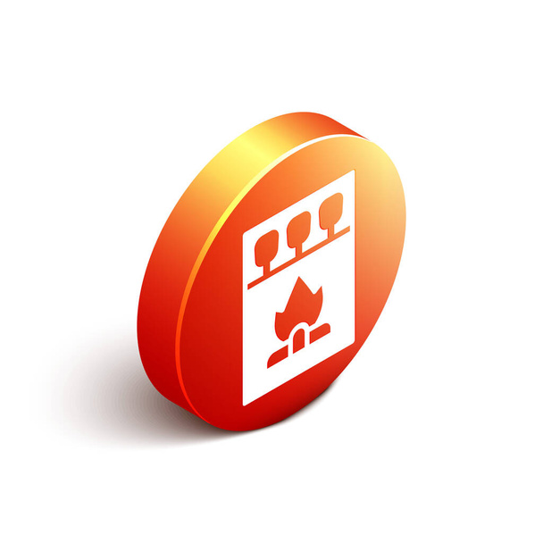 Isometrica Open matchbox e corrisponde icona isolata su sfondo bianco. Pulsante cerchio arancione. Vettore. - Vettoriali, immagini