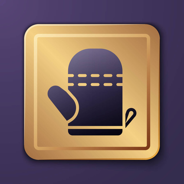 Purple Oven handschoen pictogram geïsoleerd op paarse achtergrond. Keuken pannenlap bord. Kookhandschoen. Gouden vierkante knop. Vector. - Vector, afbeelding