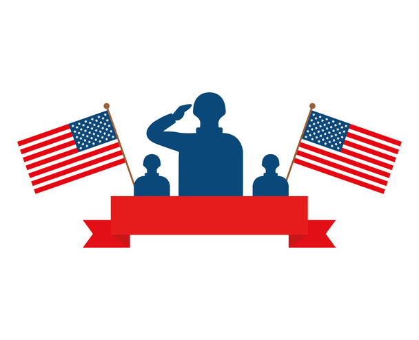 soldati militari uomini con bandiere USA sul disegno del vettore del nastro - Vettoriali, immagini