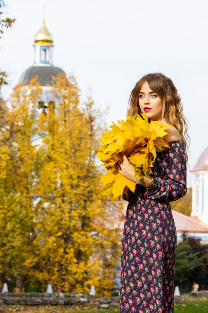 Beautiful girl with autumn leaves. October photos of autumn. - Foto, Imagen