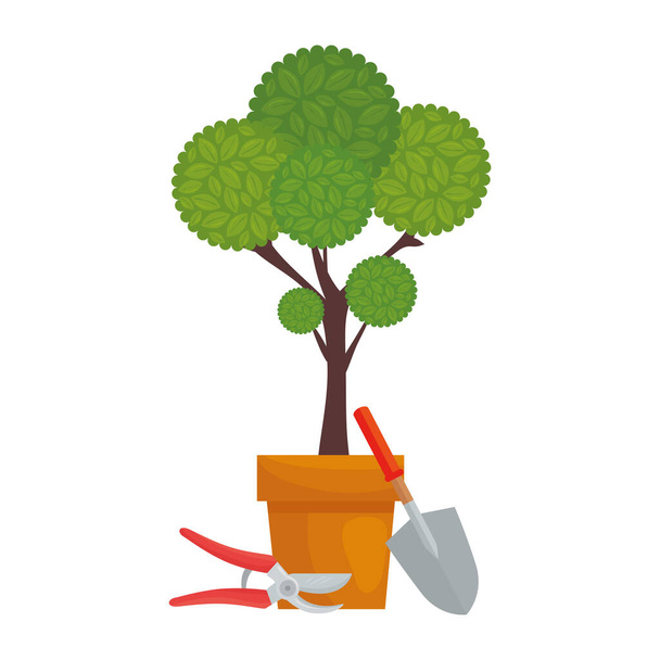 Gardening plant inside pot pliers and shovel vector design - Vector, Image