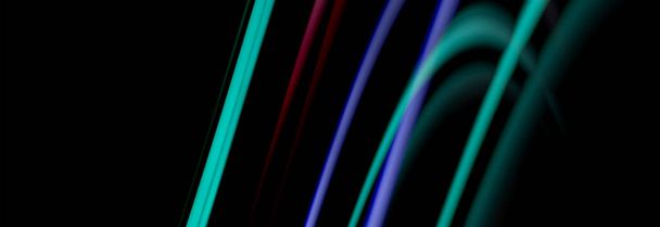 Dynamic motion abstract background. Color blurred stripes on black. Wave liquid lines poster. Vector illustration - Vetor, Imagem