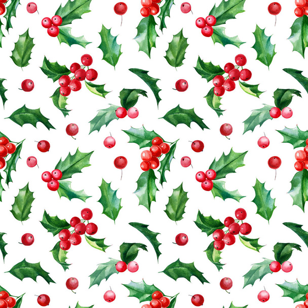 クリスマスシームレスなパターン、新年の背景、ホリーの葉と果実、水彩手描きイラスト - 写真・画像