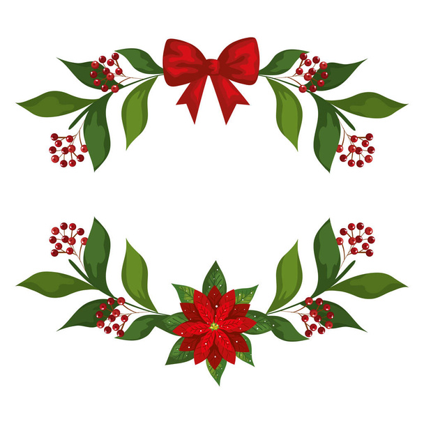 merry christmas flower and bowtie with leaves and berries vector design - Vector, imagen