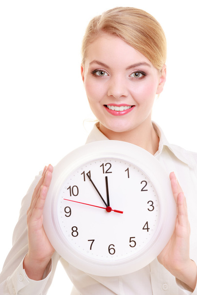 Portrait businesswoman showing clock. Time for woman in business - Valokuva, kuva