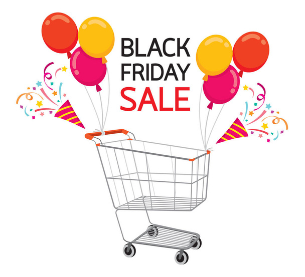Shopping Cart With Balloon On Black Friday Sale Event, Celebration, Festival - Vector, Imagen