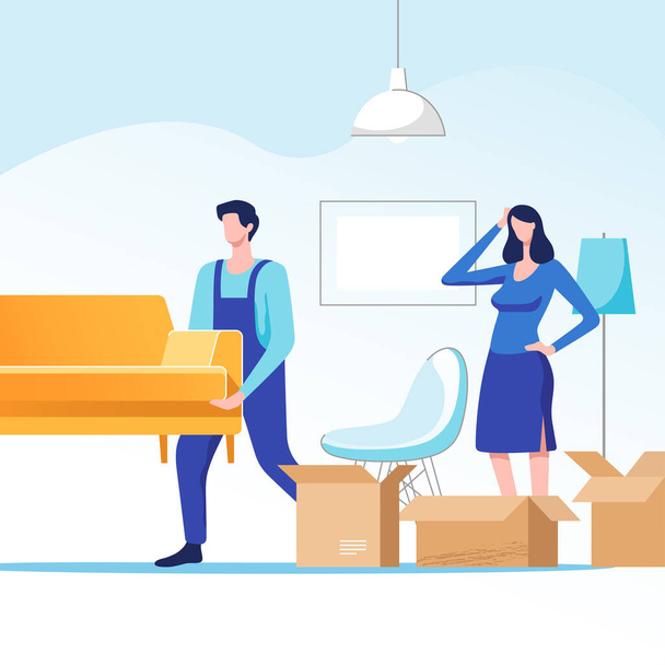 Moving home. Woman packing stuff to move to new house or apartment. Man carrying sofa. Vector illustration. - Vector, Image