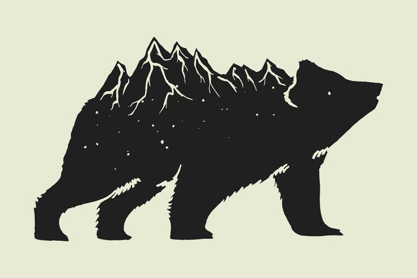 Urso com cordilheira em sua ilustração vetorial isolada nas costas. Símbolo dos parques nacionais americanos. Espírito animal do ar livre. - Vetor, Imagem