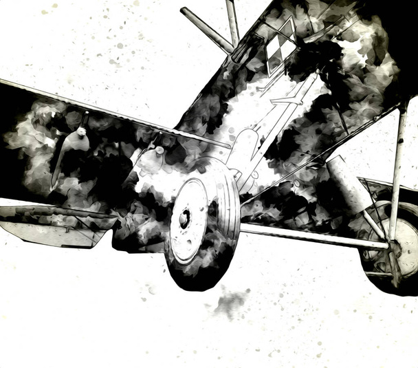 oud gevechtsvliegtuig geïsoleerd op witte achtergrond kunst vintage retro illustratie - Foto, afbeelding