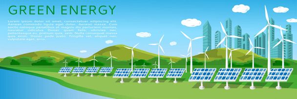 Vihreän energian bannerin suunnittelu tuuliturbiineilla ja aurinkopaneeleilla maisemalla ja kaupunkikuva taustalla. Uusiutuvat aurinko- ja tuulienergialähteet. Vektori tasainen kuva, paikka tekstin - Vektori, kuva