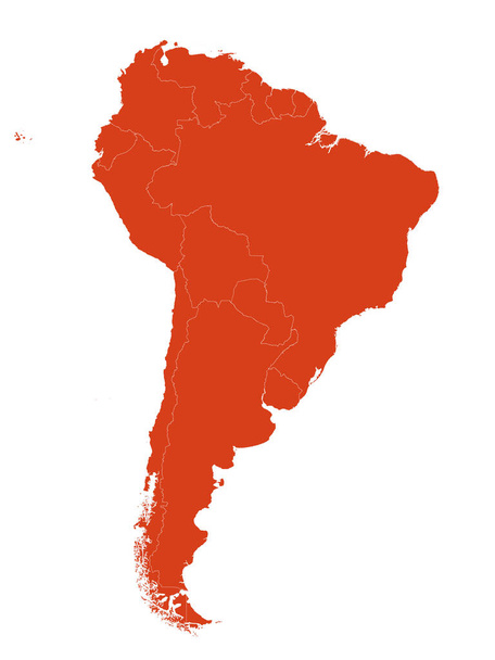 Oranžová barva plochý vektor mapa Jižní Ameriky s hranicemi země na bílém pozadí - Vektor, obrázek
