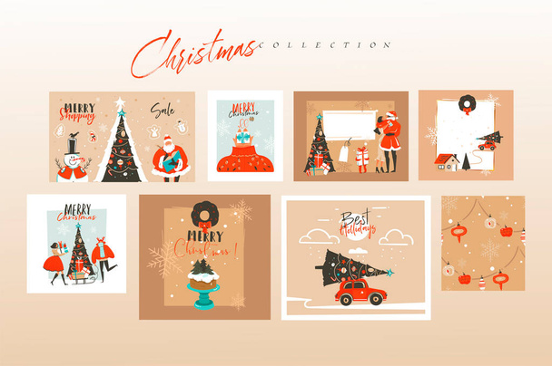 手描きベクトル抽象的な楽しいストックフラットメリークリスマス、そしてハッピーニューイヤータイム漫画のお祝いカードバンドルは、色の背景に孤立したクリスマスとサンタのかわいいイラストで設定されています - ベクター画像