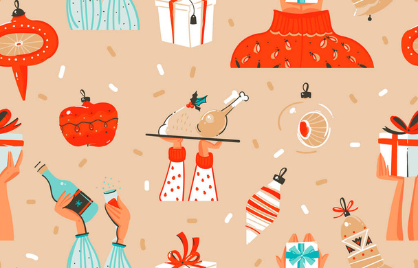 Dibujado a mano vector abstracto divertido stock plana Feliz Navidad, y Feliz Año Nuevo tiempo de dibujos animados patrón festivo sin costuras con lindas ilustraciones de Navidad cajas de regalo retro aislado en el fondo de color - Vector, Imagen