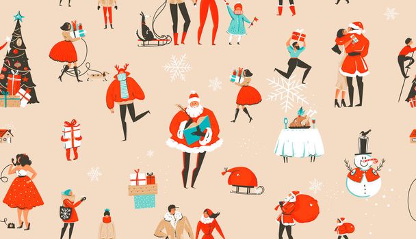 手描きベクトル抽象的な楽しいストックフラットメリークリスマス、そしてお祝いの人々のかわいいイラストとサンタの色の背景に隔離された幸せな新年の漫画のお祝いのシームレスなパターン - ベクター画像
