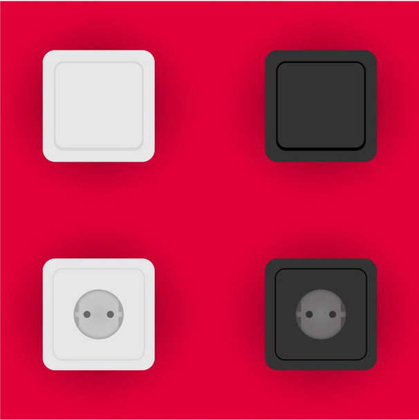 Set aus Vektorsteckdosen und Lichtschaltern mit Schatten auf rotem Hintergrund - Vektor, Bild