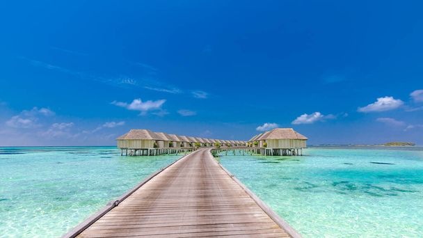 Verbazingwekkend landschap van Malediven strand. Tropisch panorama, luxe watervilla resort met houten pier of steiger. Luxe reisbestemming achtergrond voor zomervakantie en vakantie concept. - Foto, afbeelding