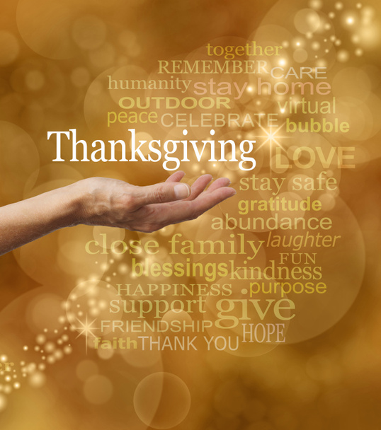 Bleiben Sie sicher Bleiben Sie zu Hause Covid Word Cloud Thanksgiving-Konzept - weibliche offene Handfläche umgeben von Worten, die mit engen Familie DANKE Blase vor einem goldenen warmen braunen Bokeh funkeln Hintergrund assoziiert                                - Foto, Bild