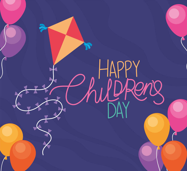 Glücklicher Kindertag mit Drachen- und Ballonvektordesign - Vektor, Bild