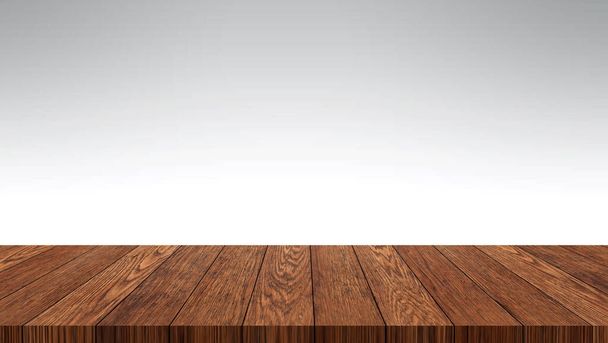 Fondo de mesa de madera vacía, pared blanca aislada 3d ilustración - Foto, imagen