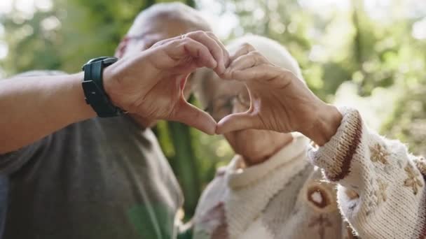 Anziana coppia in pensione facendo cuore con le mani. Focus selettivo - Filmati, video