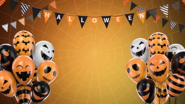 Sfondo sfumato arancione di palloncini di Halloween che appendono bandiere su una corda - Filmati, video