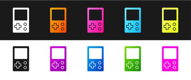 Impostare portatile tetris icona del gioco elettronico isolato su sfondo bianco e nero. Stile vintage tascabile gioco di mattoni. Dispositivo di riproduzione interattivo. Vettore. - Vettoriali, immagini