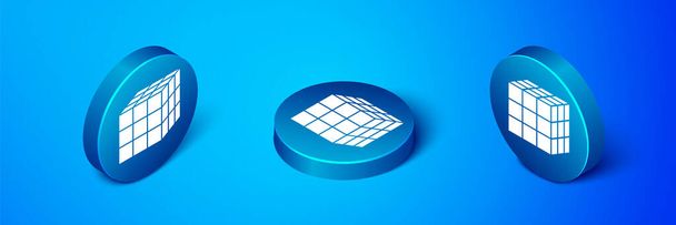 Isometrica icona del cubo Rubik isolato su sfondo blu. Giocattolo meccanico di puzzle. Cubo di Rubik 3d puzzle combinazione. Pulsante cerchio blu. Vettore. - Vettoriali, immagini