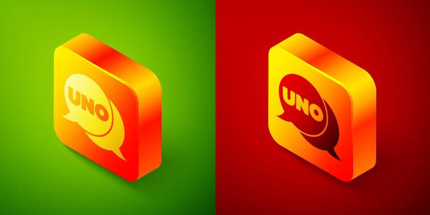 Isometric Uno kart oyunu simgesi yeşil ve kırmızı arkaplanda izole edildi. Kare düğmesi. Vektör. - Vektör, Görsel