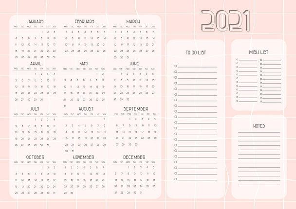 Vaaleanpunainen ja valkoinen päivämäärät kalenteri tammikuusta joulukuuhun maanantaista sunnuntaihin, Toivomuslista, Huomautuksia 2021 vuoden - Vektori, kuva