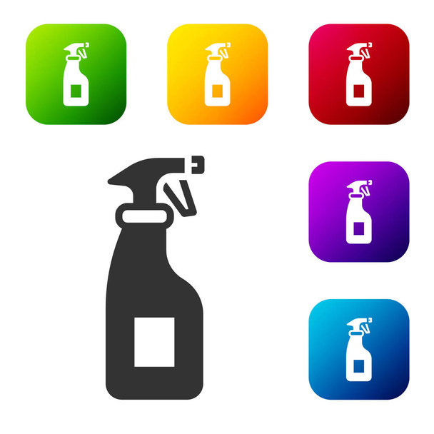 Schwarze Reinigungs-Sprühflasche mit Spülmittel-Flüssigkeitssymbol isoliert auf weißem Hintergrund. Setzen Sie Symbole in farbigen quadratischen Tasten. Vektor. - Vektor, Bild