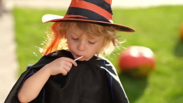 Kinderen eten snoep voor Halloween. Portret van de blanke kleuter jongen in vleermuiskostuum en pet zit en eet lolly 's van pompoen emmer op Halloween feest - Video