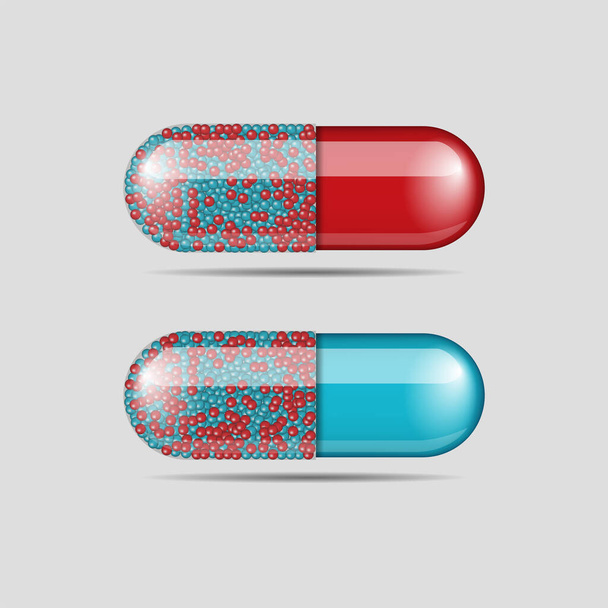 Collection of multicolored medicine pills isolated on gray background. - Vector, Image
