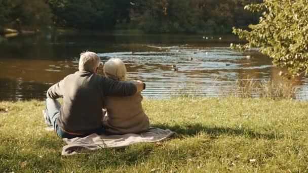 Ηλικιωμένοι γκριζομάλλης ζευγάρι κάθεται στον πάγκο κοντά στο ποτάμι την ημέρα του φθινοπώρου. - Πλάνα, βίντεο
