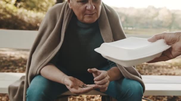 Armer älterer Obdachloser zählt im Park hinterlassene Münzen und erhält karitatives Essen  - Filmmaterial, Video