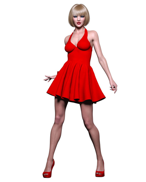 Beautiful blonde woman red short dress.Summer clothes collection.Bright makeup.Woman studio photography.Conceptual fashion art.Office business style.Femme fatale.3D Render. - Zdjęcie, obraz