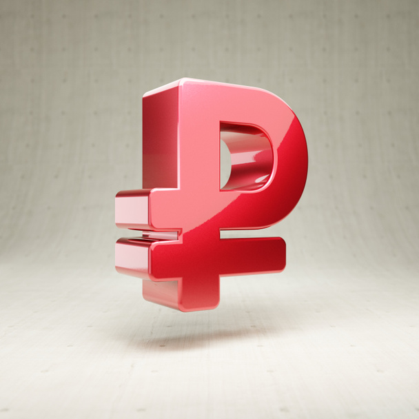 Ruble icon. Red glossy metallic Ruble symbol isolated on white concrete background. - Photo, Image