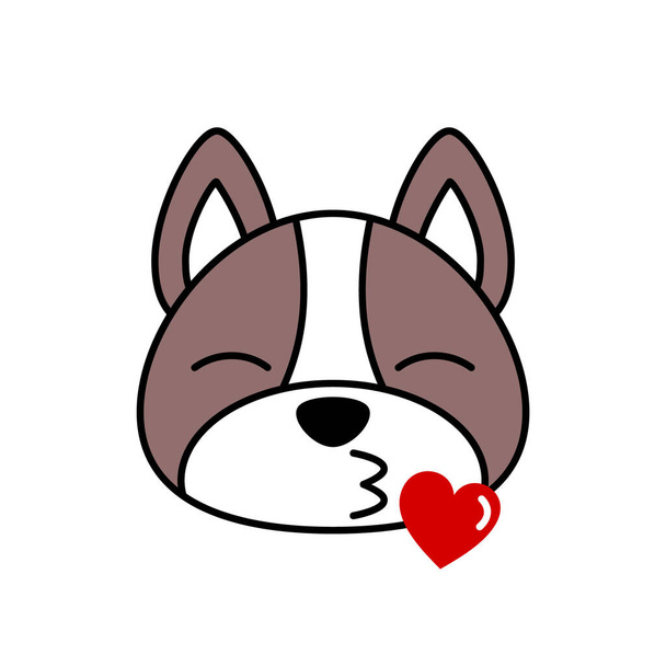 Blue French Bulldog emoji lähettää suukon. Söpö French Bulldog puhaltaa suudelmaa. Hassu kawaii-koira rakastunut hymiöön. Romanttinen eläin, jolla on sydän ja huulet. Eristetty valkoisella taustalla. Vektori, tasainen. - Vektori, kuva