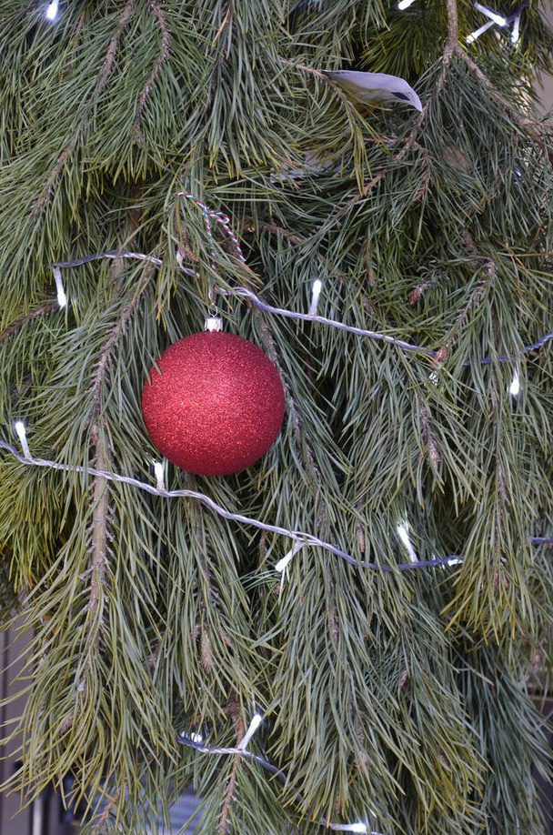 Karácsonyi dekoráció elvont háttérrel, a díszített karácsonyfa, fényes karácsonyi koszorúk és ékszerek, lágy fókusz - Fotó, kép