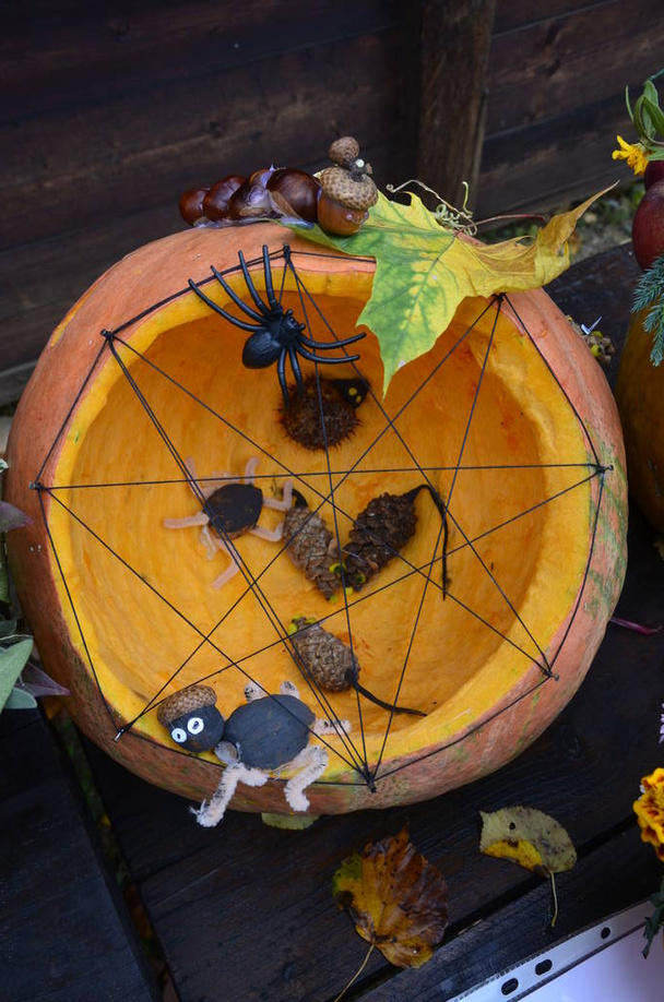 Jack O Lantern Halloween Pumpkin, Spiders on the Net and Ritual Pumpkin Figures - Photo, Image