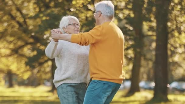 Romantiek op hoge leeftijd. Ouderen gepensioneerd echtpaar dansen in het park in de herfst - Video
