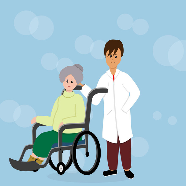 Mosolygó orvos áll egy idős nő mellett, aki tolószékben ül. Boldog idős nő fogyatékossággal él. Esélyegyenlőségi koncepció. Mozgássérült karakter. Vektorillusztráció. - Vektor, kép