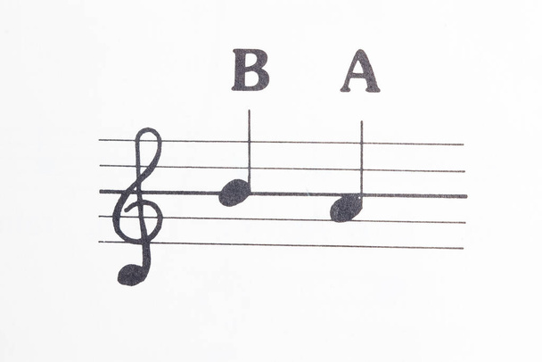 Nahaufnahme der Noten b und a auf weiß mit Violinschlüssel  - Foto, Bild
