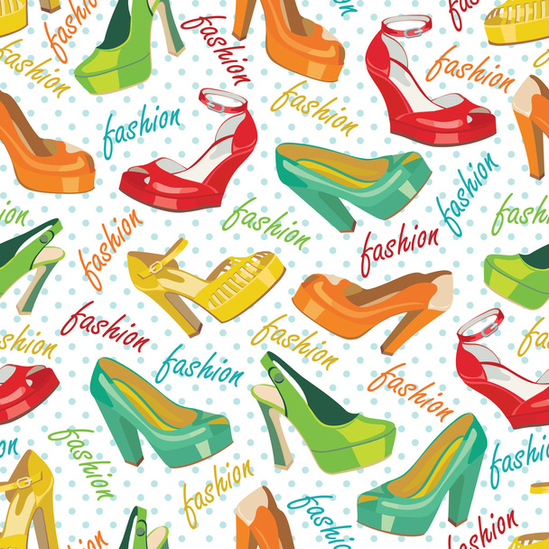 Colorful fashion women's shoes and polka dot.Seamless pattern - Vector, imagen