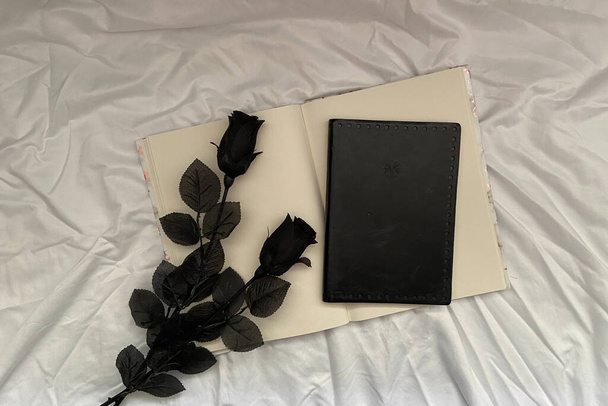 valkoinen tausta musta höyhenet ja ruusut ja tyhjä kirja - Valokuva, kuva