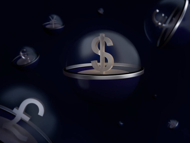 Symbol dolara w niebieskiej kuli z przezroczystym wierzchołkiem, otoczony symbolami innych walut - euro, jena, funta brytyjskiego na ciemnoniebieskim tle. 3D. Finanse. Koncepcja handlu Forex. - Zdjęcie, obraz