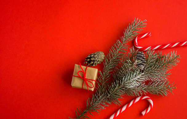 Christmas minimalism, on a red paper background is a branch of a fir tree, cones and a Lollipop with a gift top view - Zdjęcie, obraz