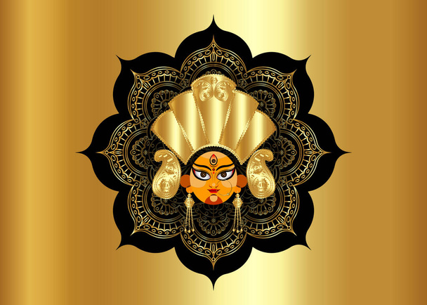 幸せなナブラトリ、幸せなドゥルガの法会での女神ドゥルガの顔豪華な黄金の曼荼羅を背景にインドの宗教的なヘッダーバナーマンダラ。金の質感の背景に隔離されたベクトル  - ベクター画像