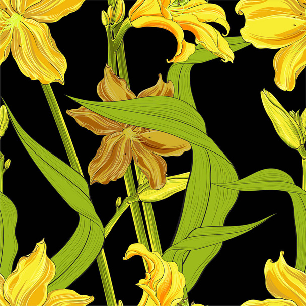 Vector seamless background. Day-lily. Flowers, buds and leaves on a black background. Use printed materials, signs, items, websites, maps, posters, postcards. - Vector, Image