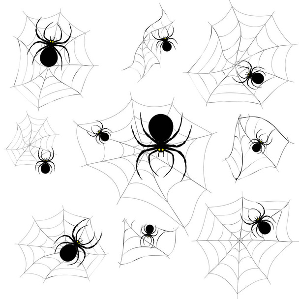Cadılar Bayramı poster tasarımı. Beyaz arka planda örümcek ağı ve örümcekler. Vektör illüstrasyonu, düz biçim - Vektör, Görsel