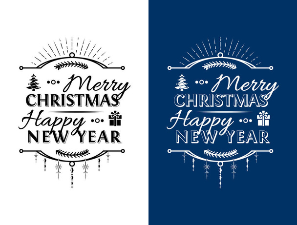 Merry Christmas, Happy New Year lettering logo design. Holiday wishes in black and white color. Vector image for christmas, new years day, greeting card, winter holiday, label, new years eve, banner, etc - Vector, Image
